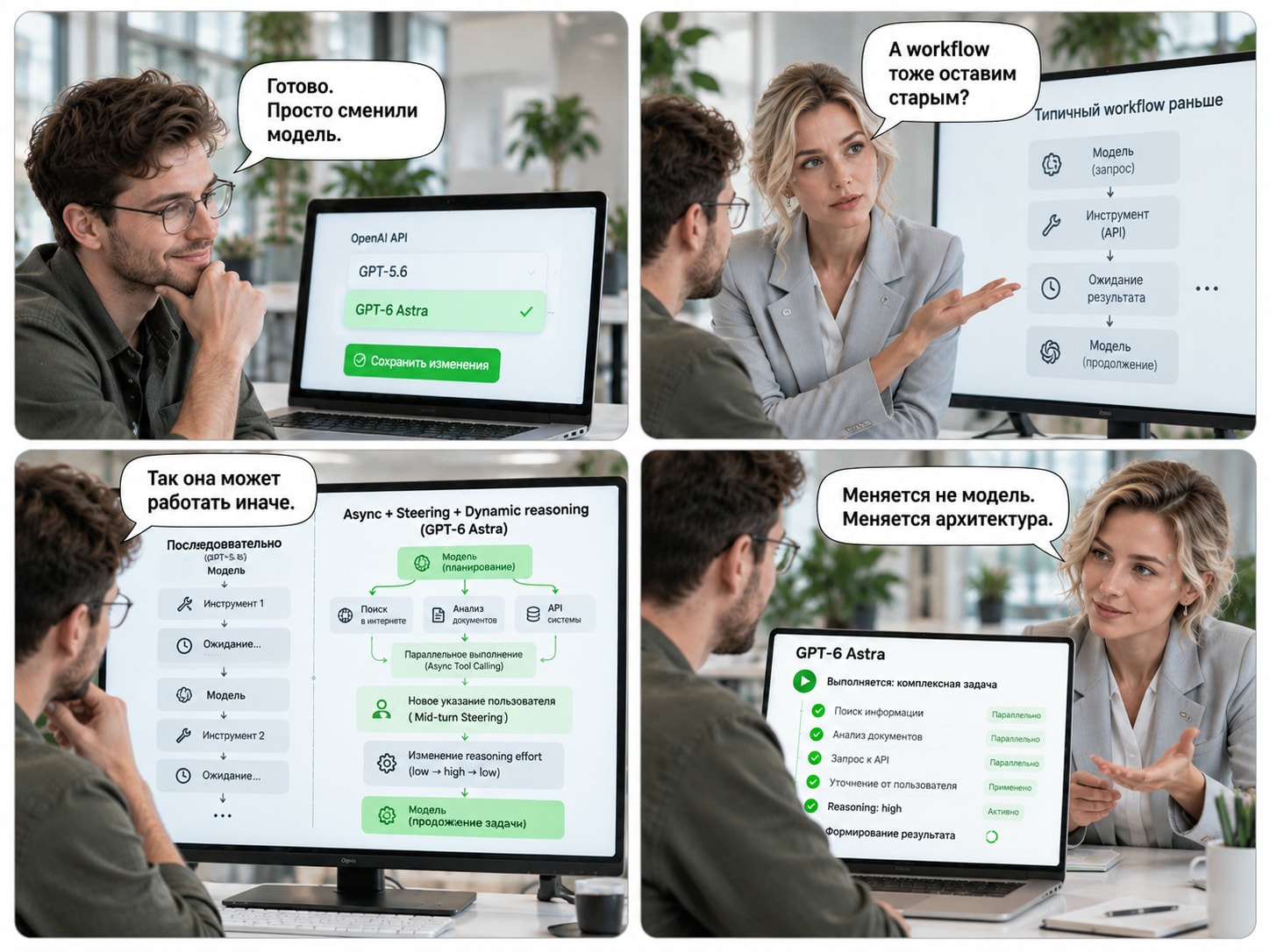 Комикс CompanionAI о переходе с GPT-5.6 на GPT-6 Astra Эва показывает, как Async Tool Calling, Mid-turn Steering и динамический reasoning меняют архитектуру AI-workflow.
