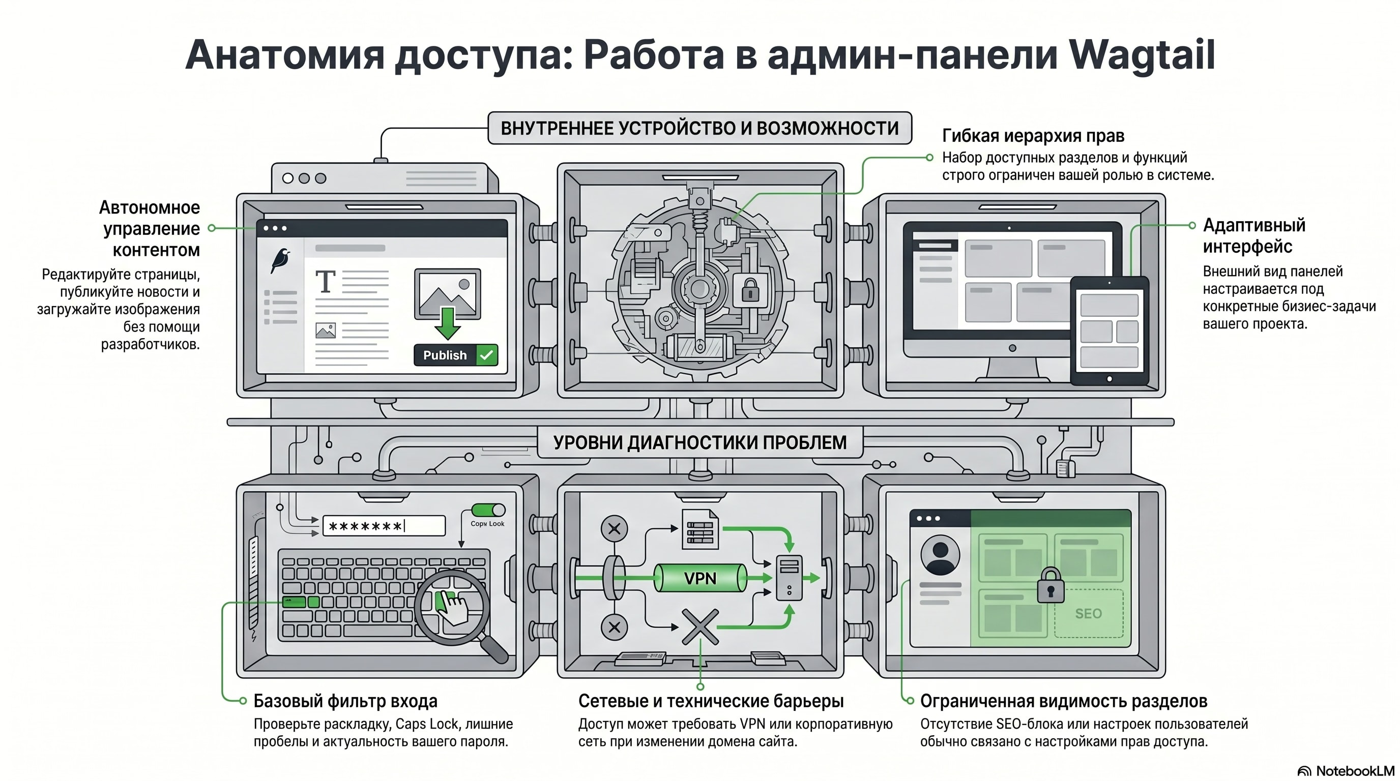 Инфограка анатомия доступа в CMS Wagtail