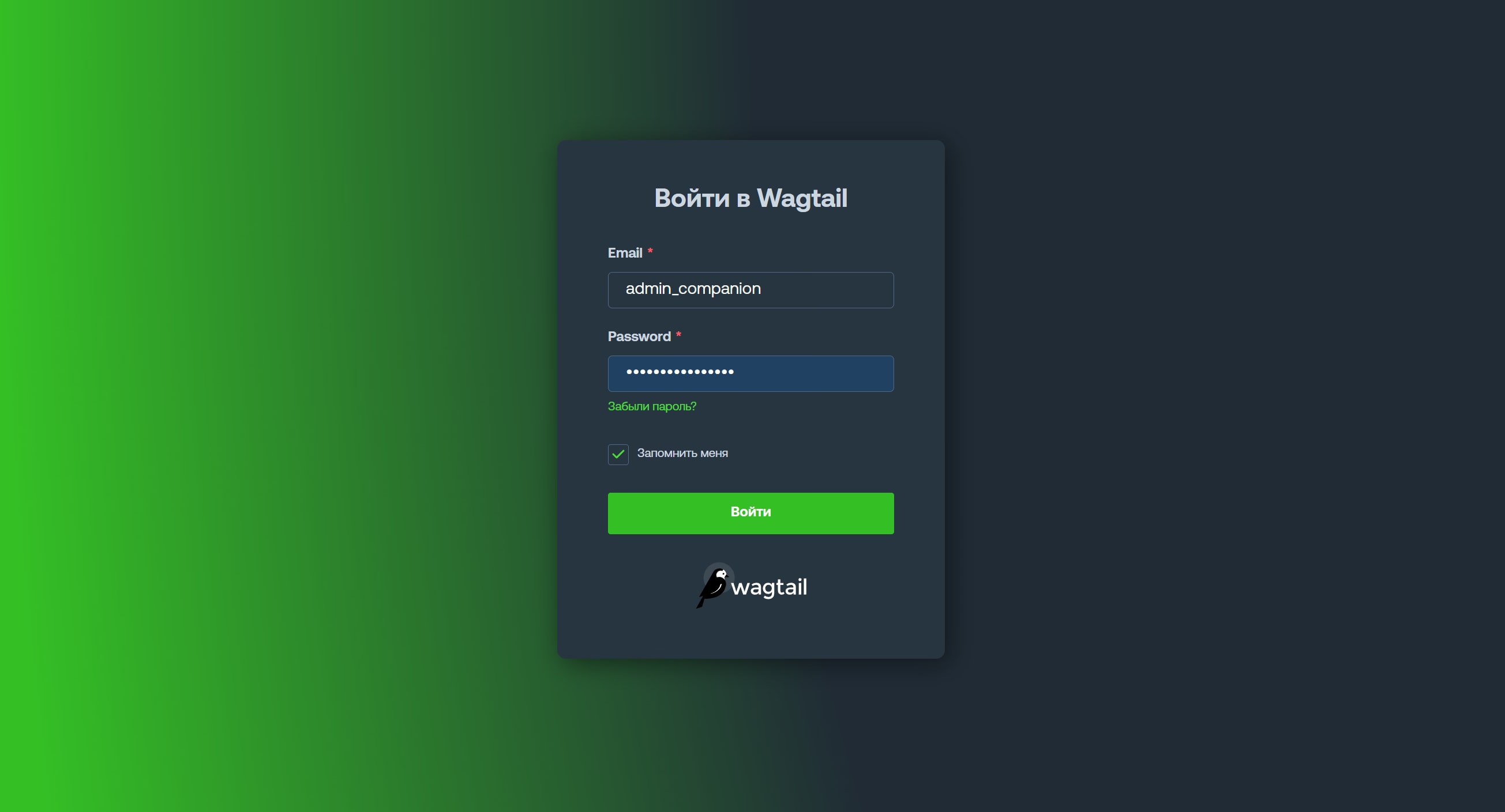 Страница с формой входа в админ панель CMS Wagtail