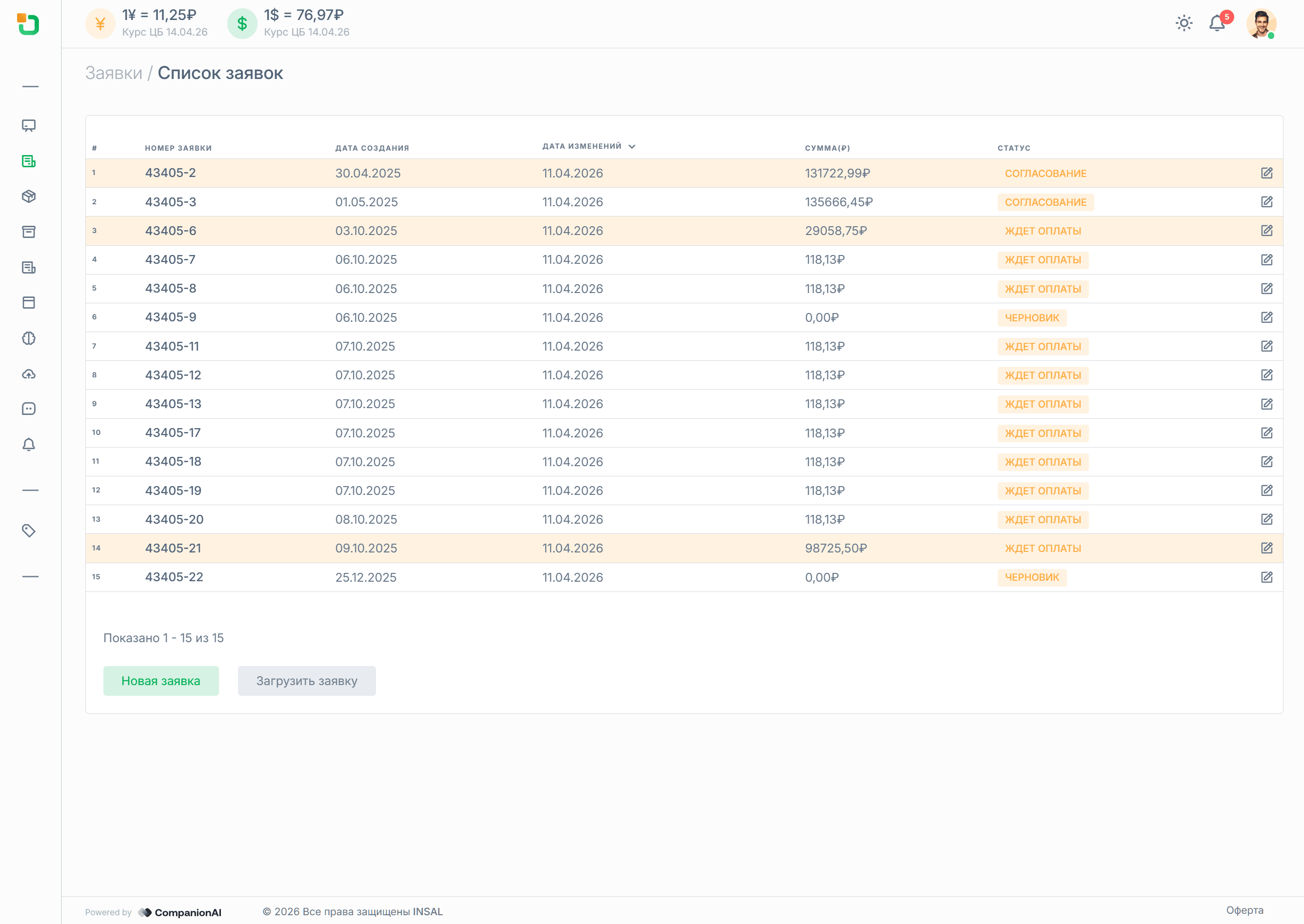 список заявок