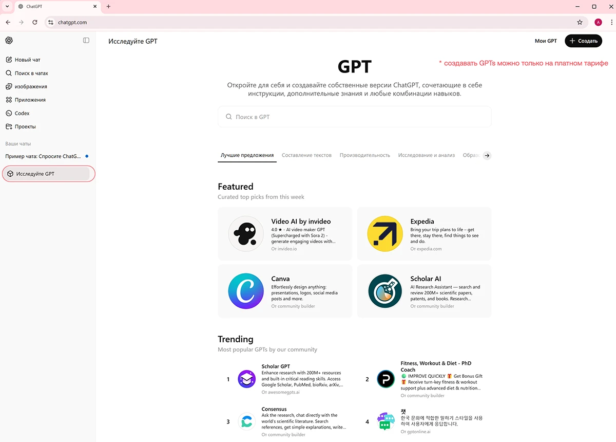 Каталог GPTs - Chat GPT